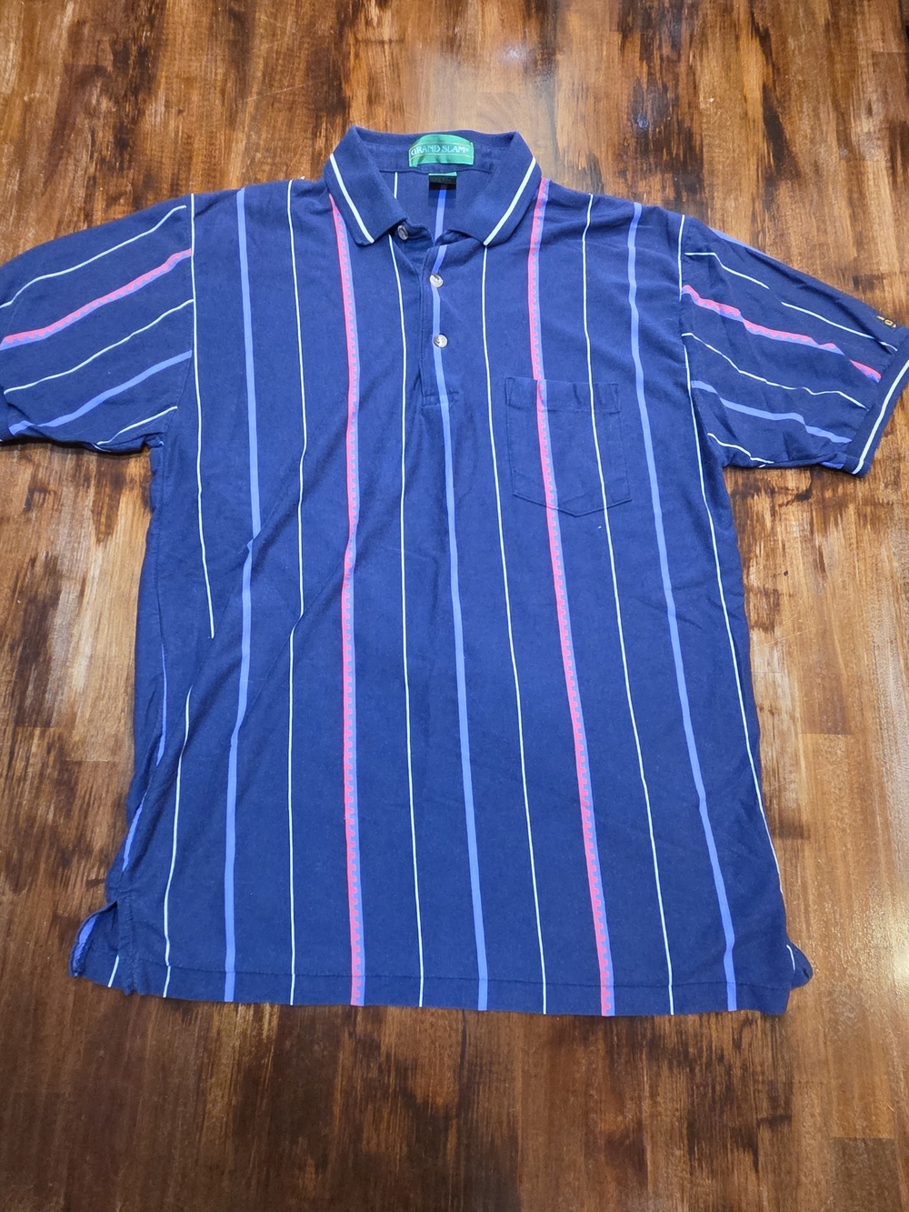 Grand Slam Tour Golf Polo Abstract Vertical Striped Blue Red Made USA L Single